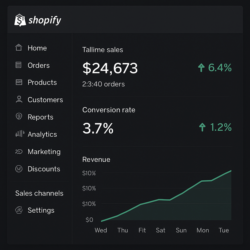 Shopify admin dashboard showing sales metrics and store performance